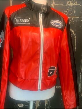 Red & Black Moto Cropped Jacket w/ “Blessed” & “Love” Patches – Size L